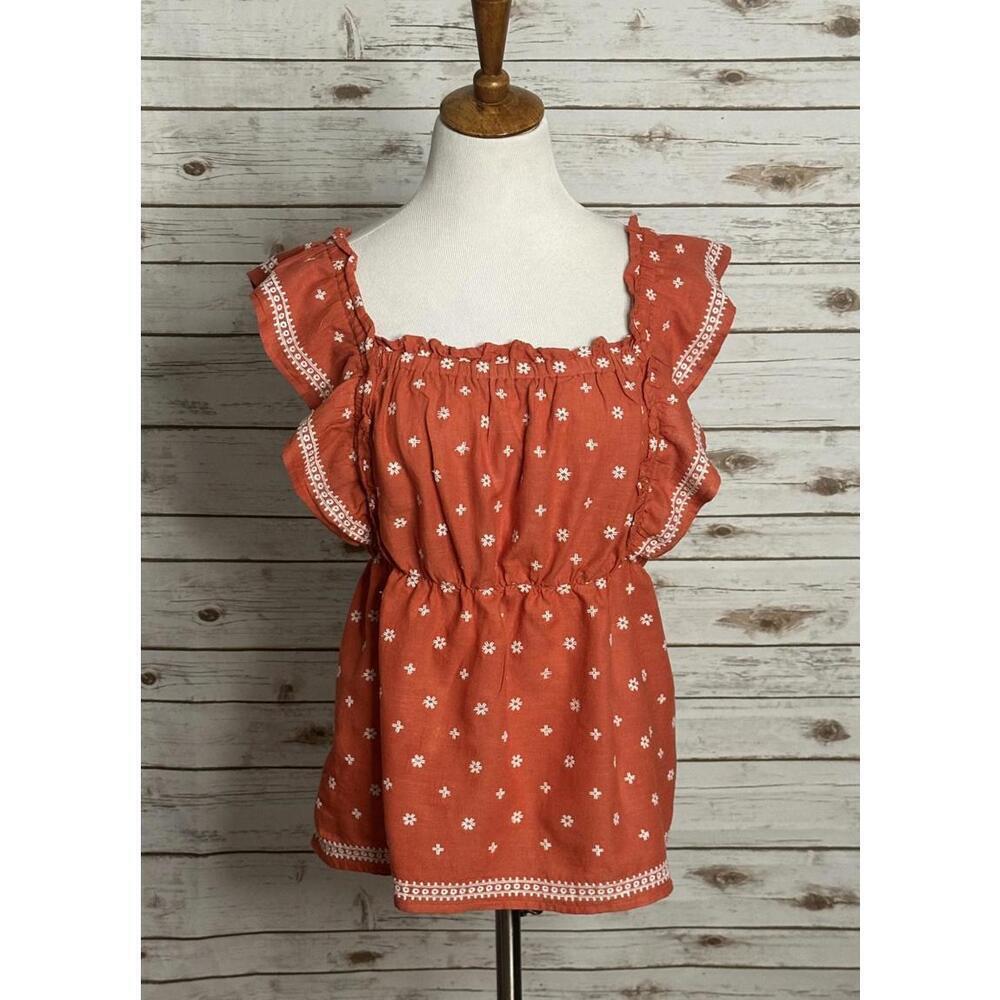 Old Navy cotton/linen ruffled embroidered floral smocked babydoll top Size Large